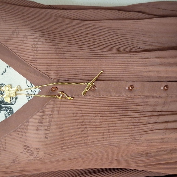 Express Pleated Dress Shirt Sz.L Brown Sheer Vneck Ballon Sleeves - Picture 8 of 14